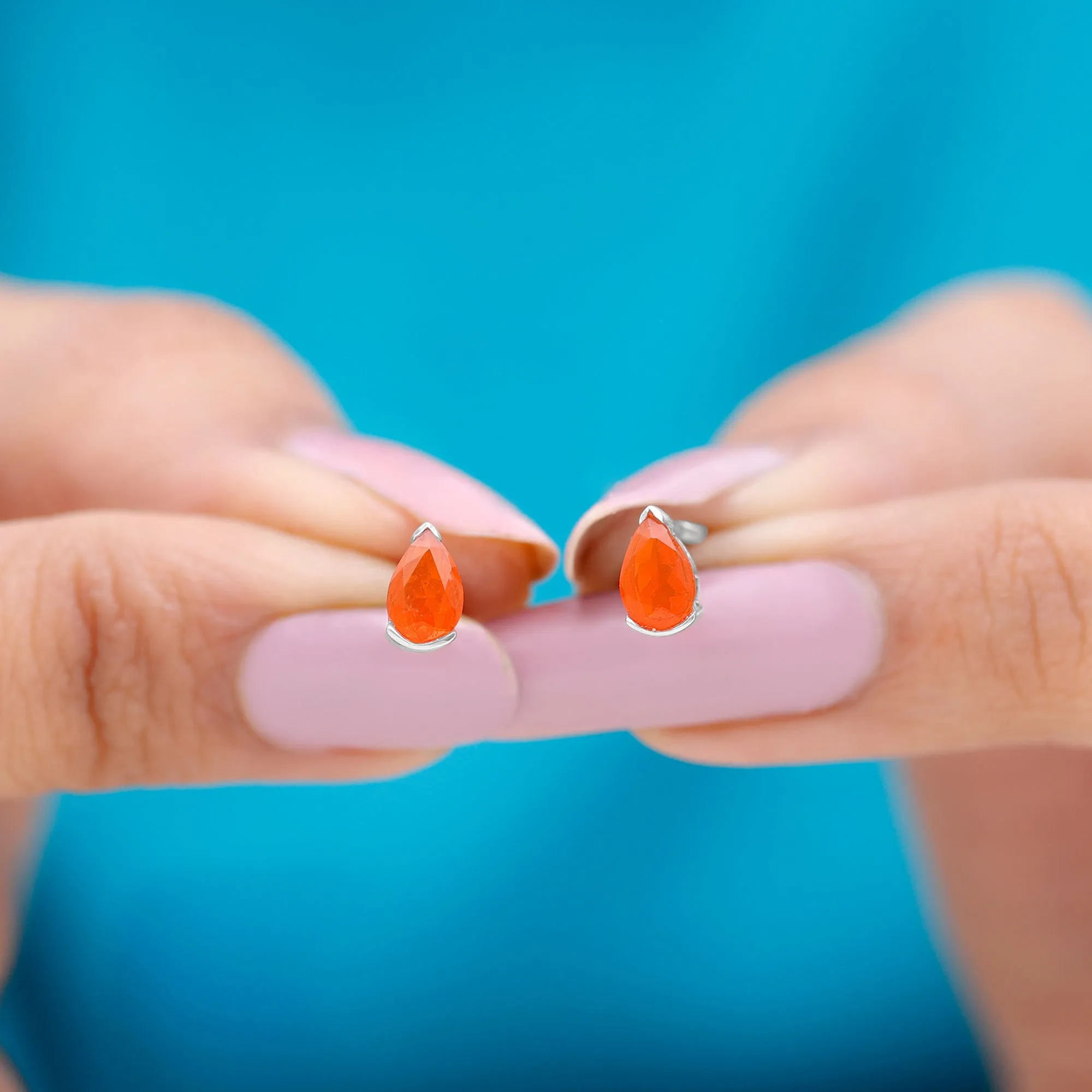 Real Fire Opal Solitaire Teardrop Stud Earrings