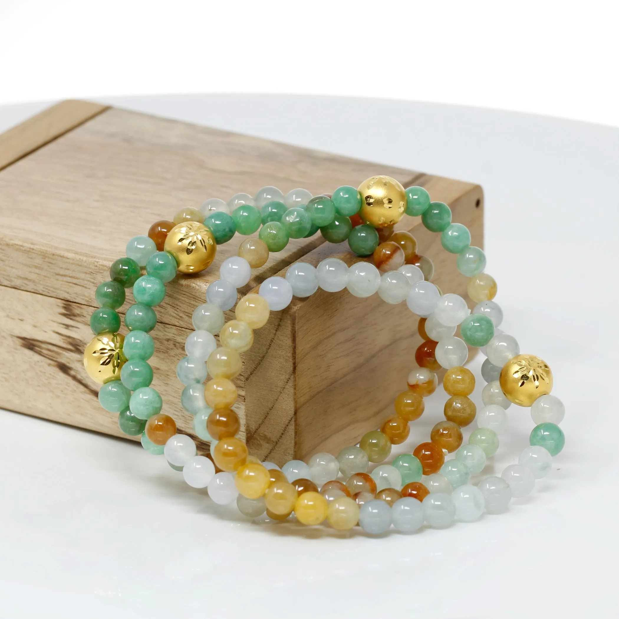 RealJade® "Filigree Ball" Genuine High-quality Jade Jadeite Bracelet Bangle with 24k Yellow Gold Star Ball Charm Colorful #417