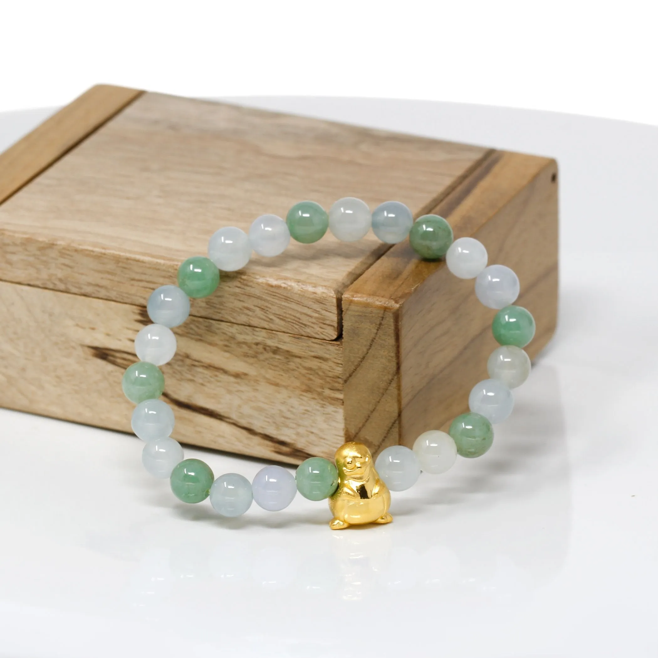 RealJade® "Penguine" Genuine High-quality Jade Jadeite Bracelet Bangle with 24k Yellow Gold Penguin Charm #410