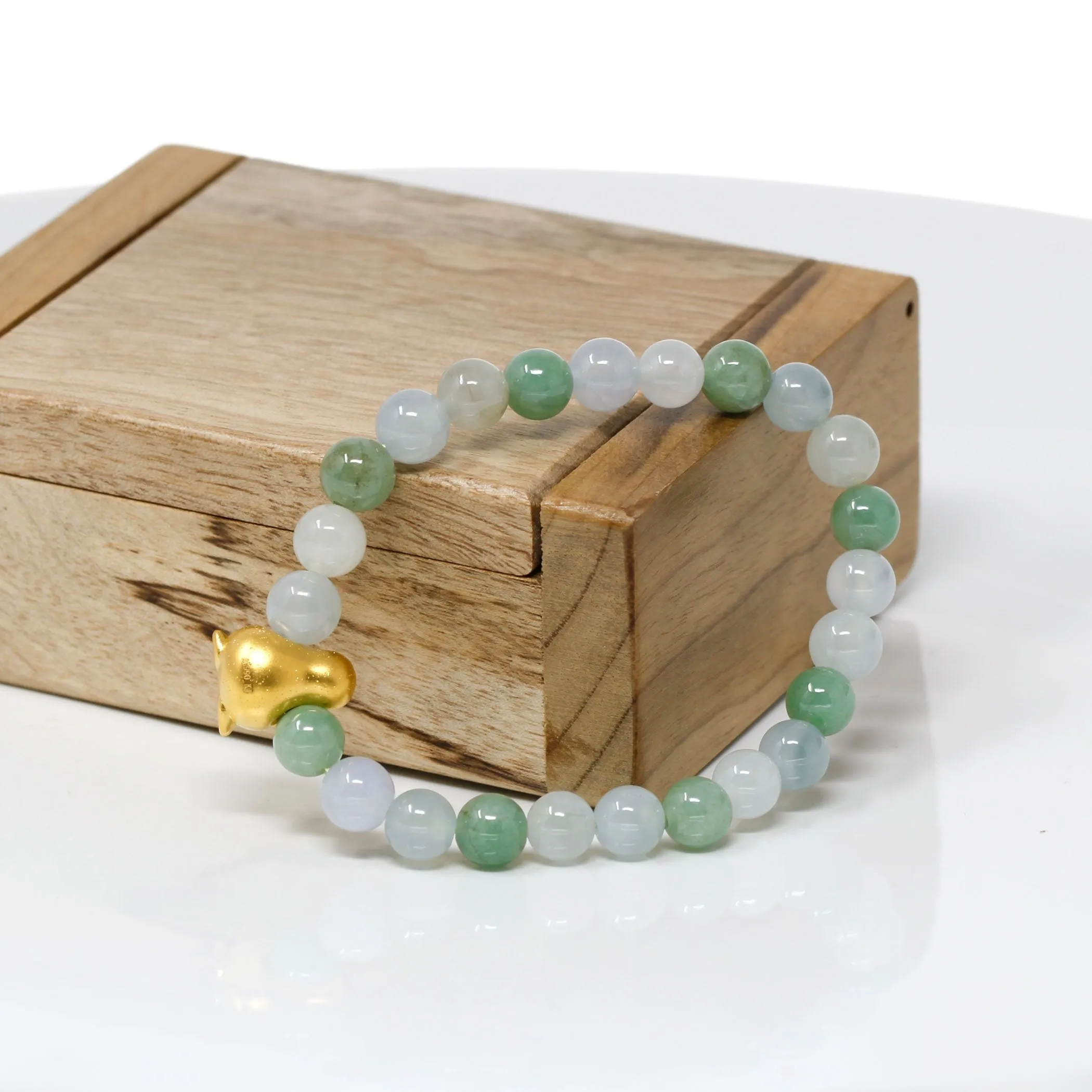 RealJade® "Penguine" Genuine High-quality Jade Jadeite Bracelet Bangle with 24k Yellow Gold Penguin Charm #410