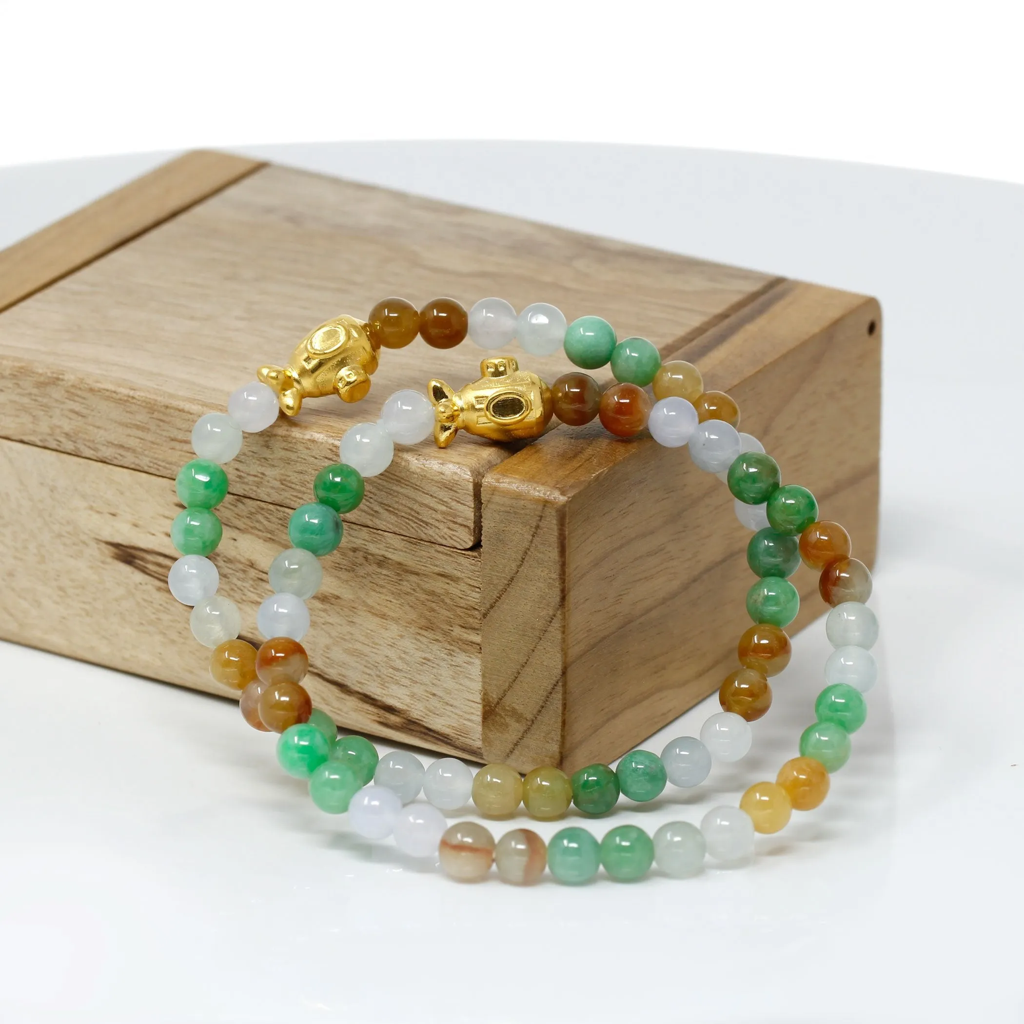 RealJade® "Submarine" Multi-colored Genuine High-quality Jade Jadeite Bracelet Bangle with 24k Yellow Gold Submarine Charm Colorful #403