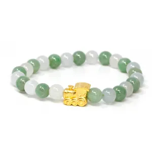 RealJade® "Train" Genuine High-quality Jade Jadeite Bracelet Bangle with 24k Yellow Gold Train Engine Charm #424