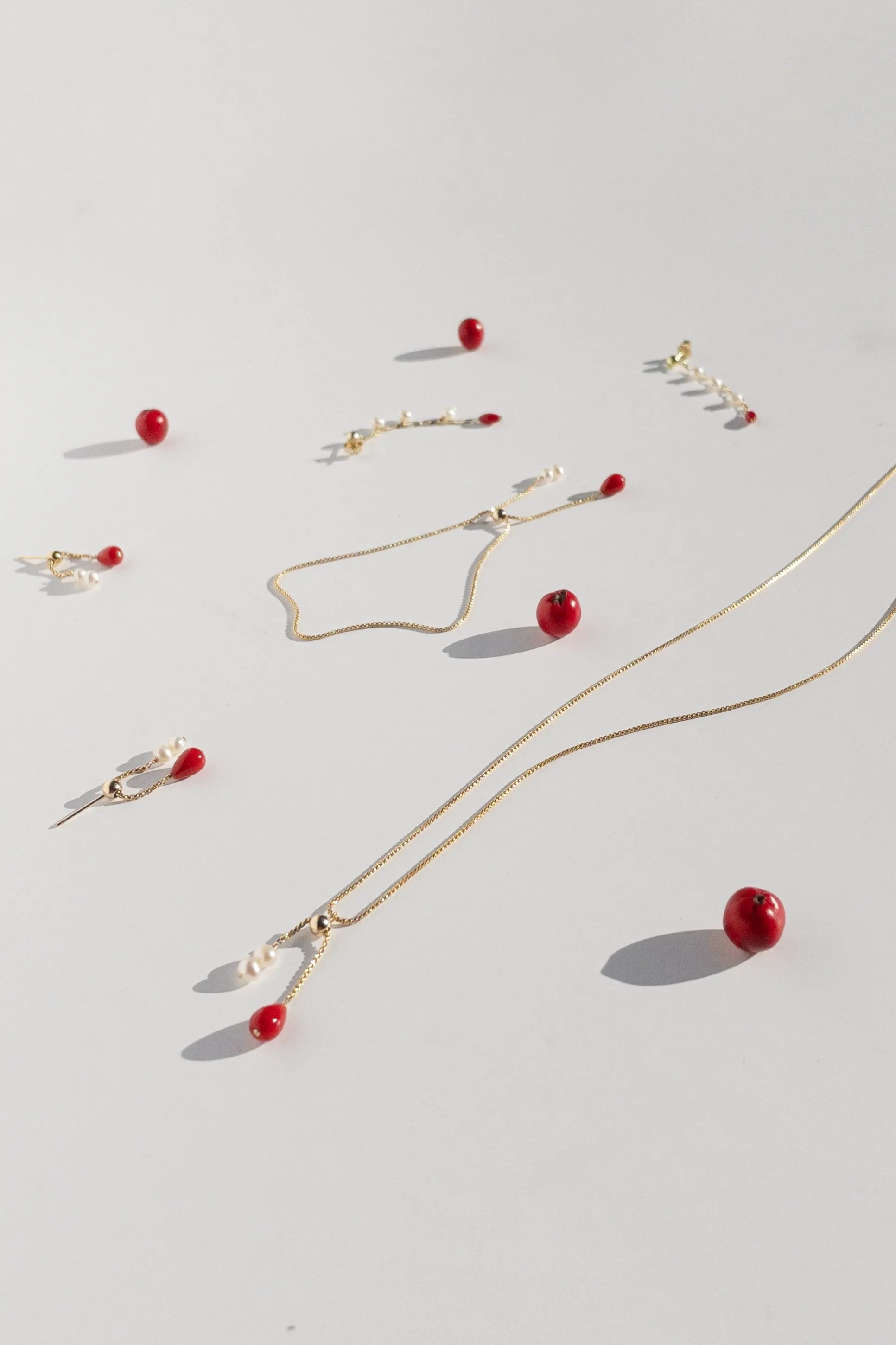 Red Coral Dangle Earrings with Three Freshwater White Pearls