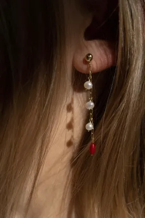 Red Coral Dangle Earrings with Three Freshwater White Pearls
