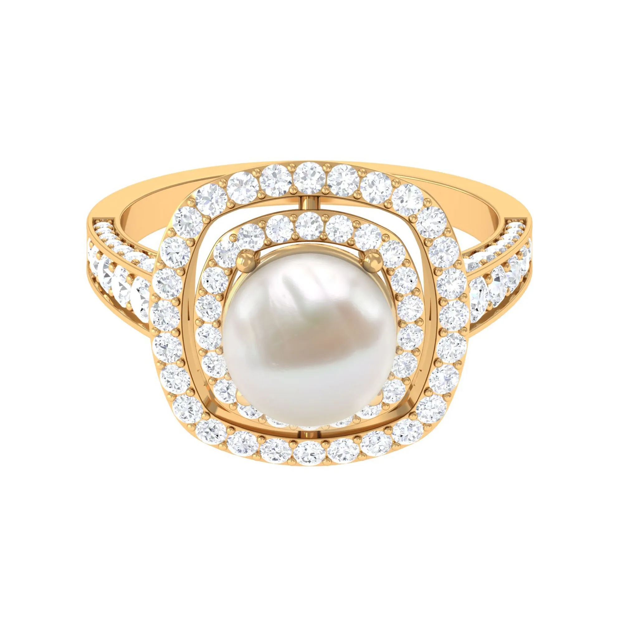 Round Freshwater Pearl and Moissanite Double Halo Engagement Ring