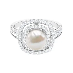 Round Freshwater Pearl and Moissanite Double Halo Engagement Ring