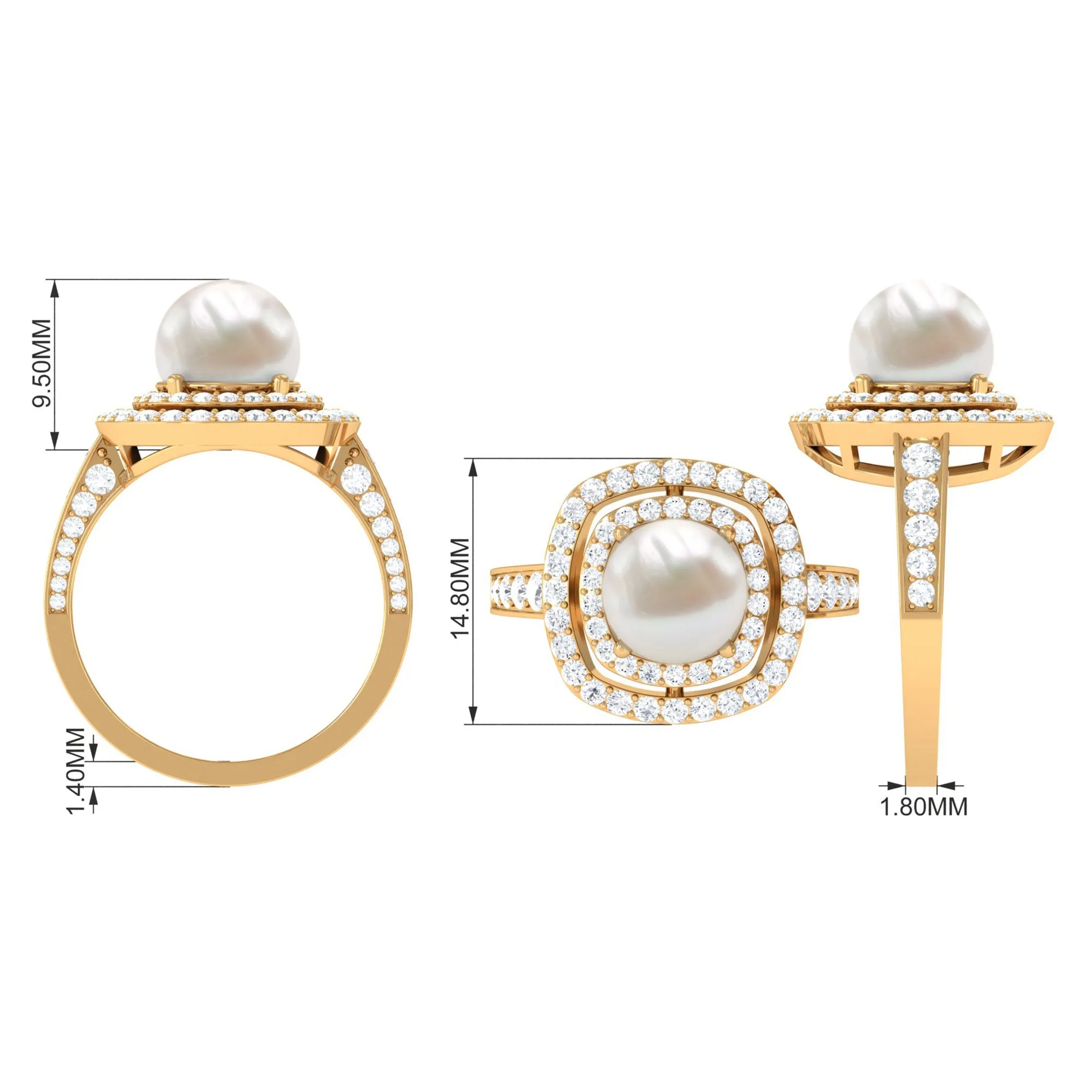 Round Freshwater Pearl and Moissanite Double Halo Engagement Ring