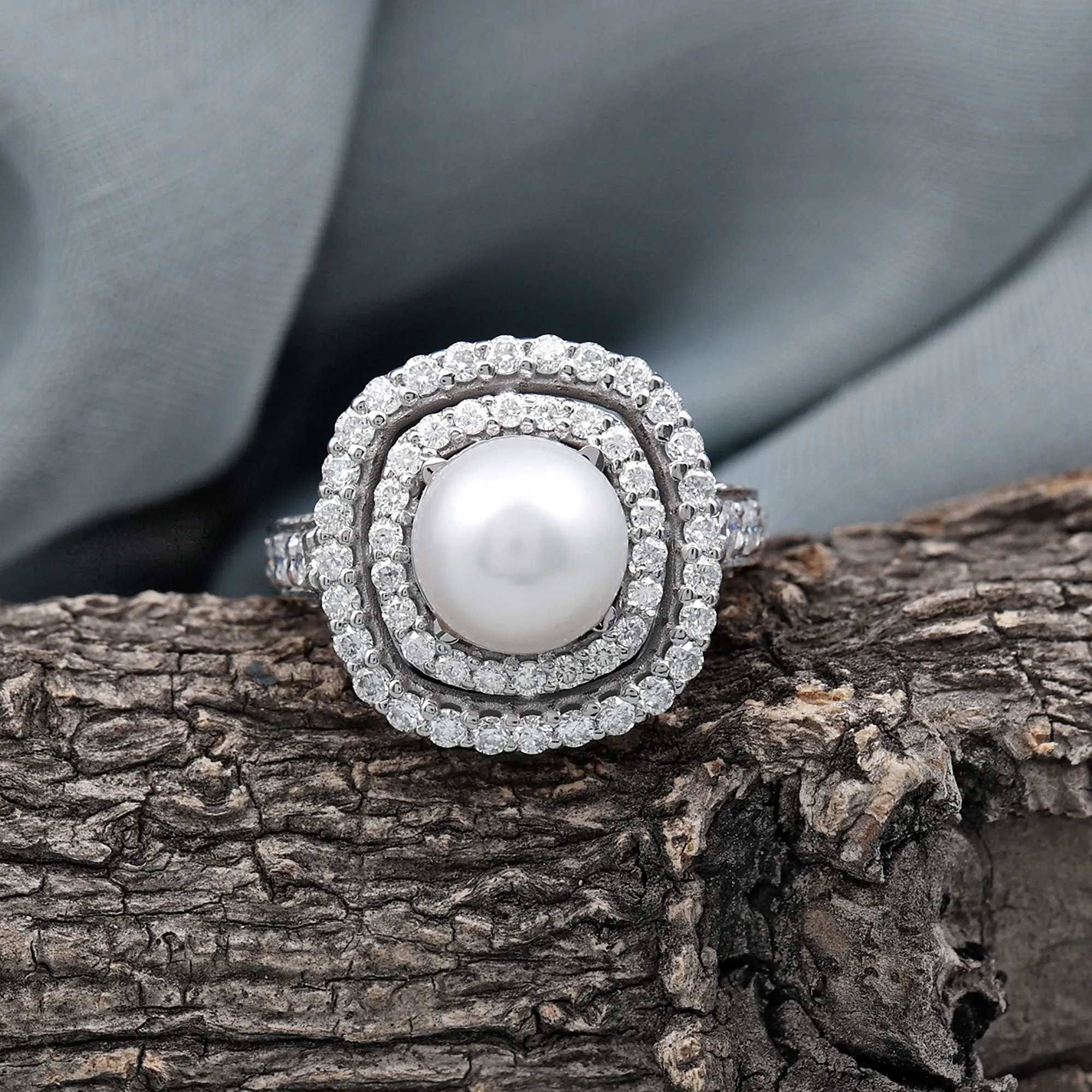 Round Freshwater Pearl and Moissanite Double Halo Engagement Ring