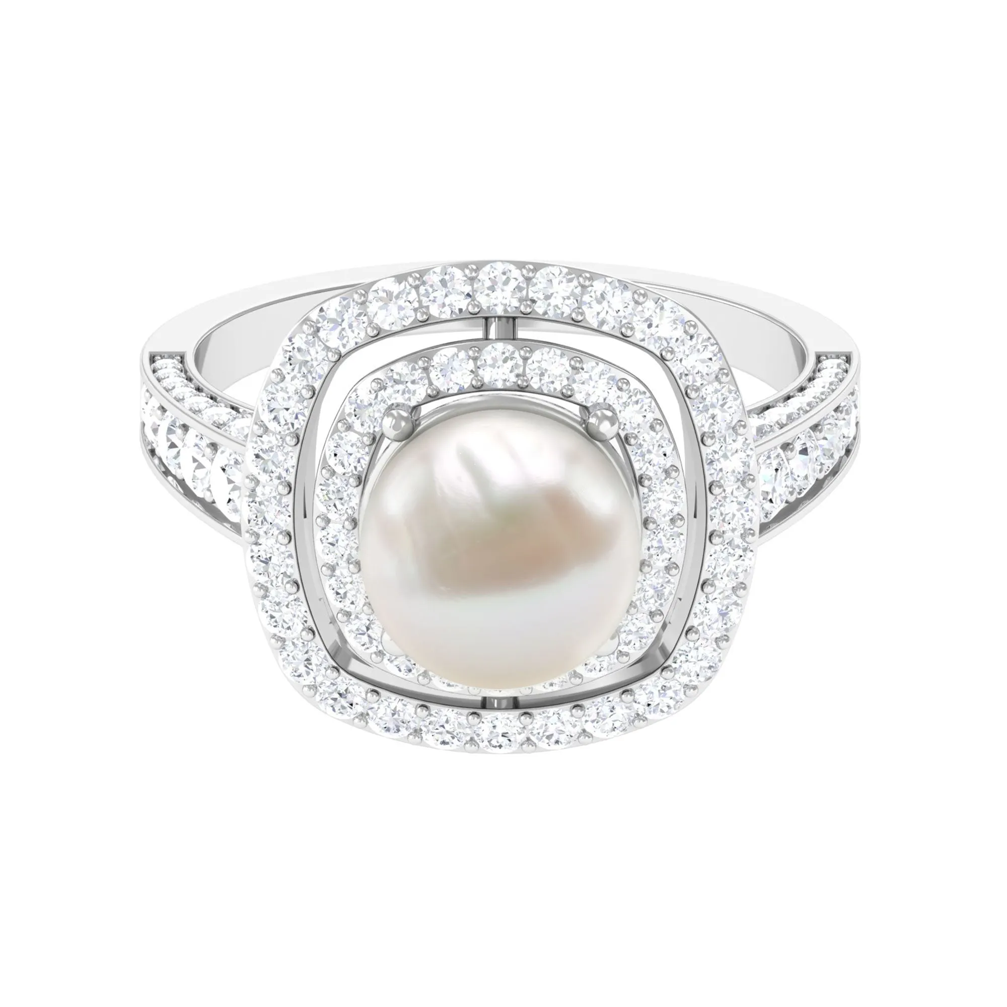 Round Freshwater Pearl and Moissanite Double Halo Engagement Ring