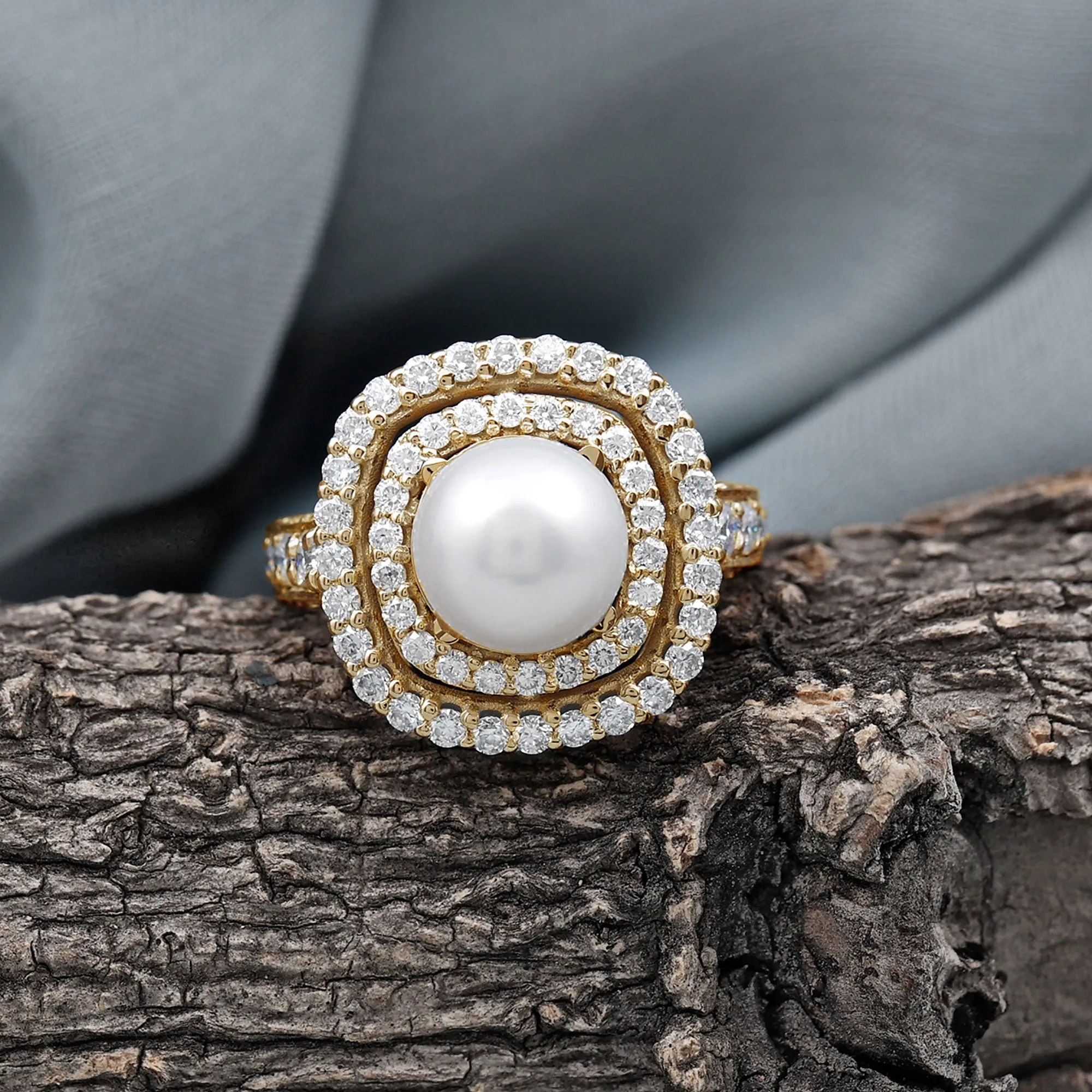 Round Freshwater Pearl and Moissanite Double Halo Engagement Ring