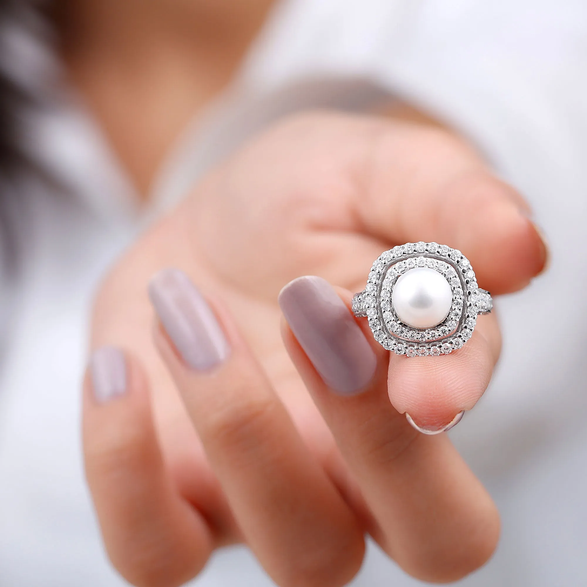Round Freshwater Pearl and Moissanite Double Halo Engagement Ring