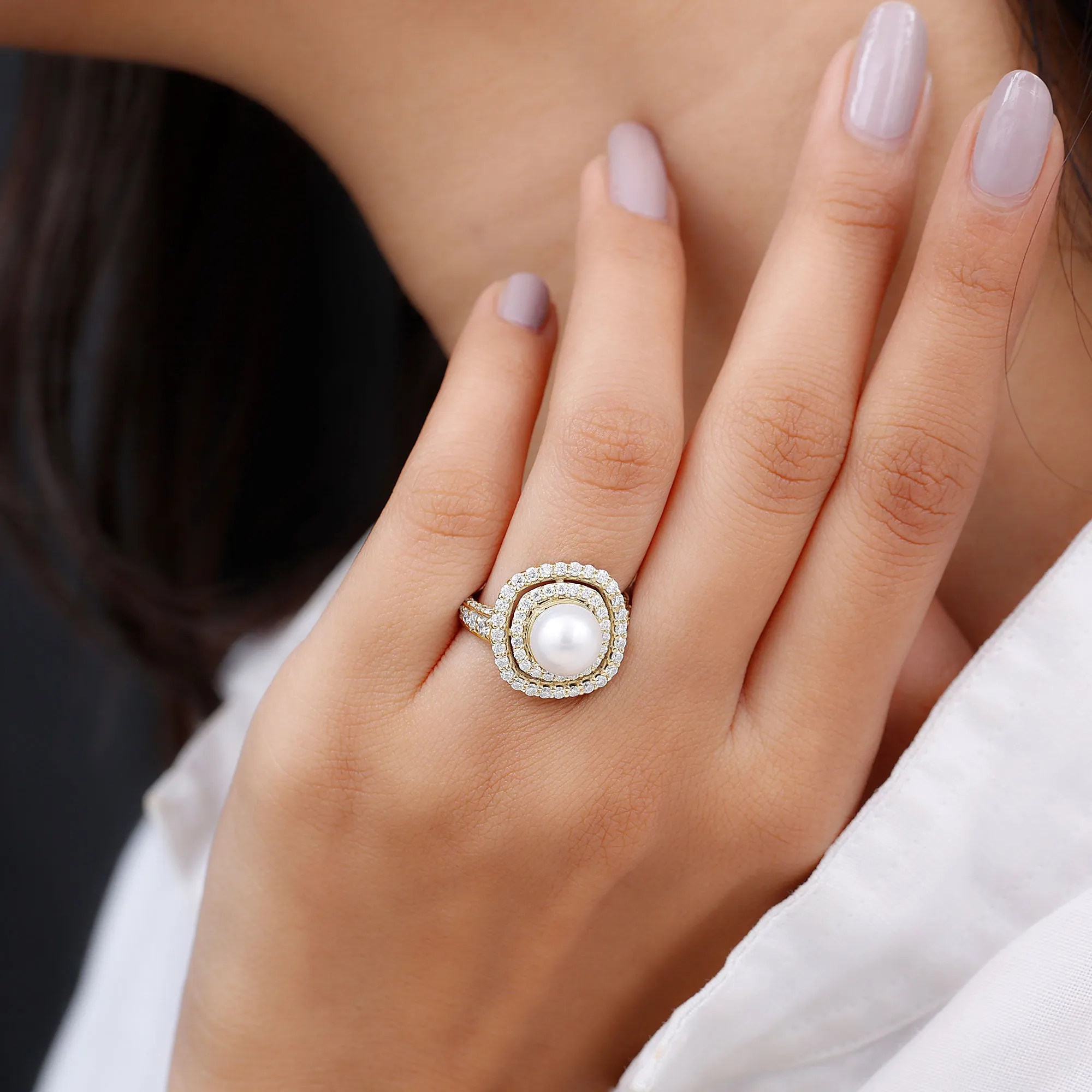 Round Freshwater Pearl and Moissanite Double Halo Engagement Ring