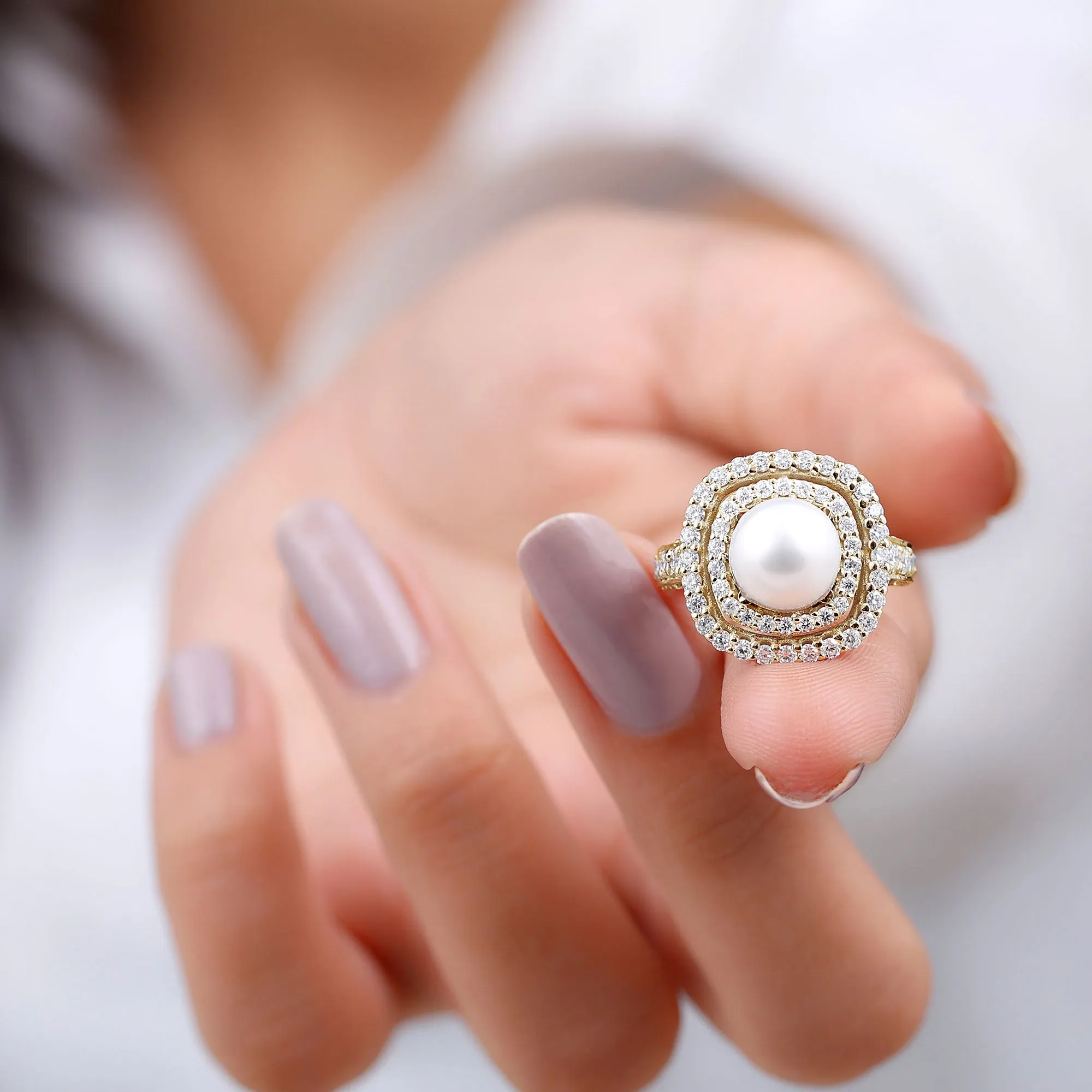 Round Freshwater Pearl and Moissanite Double Halo Engagement Ring