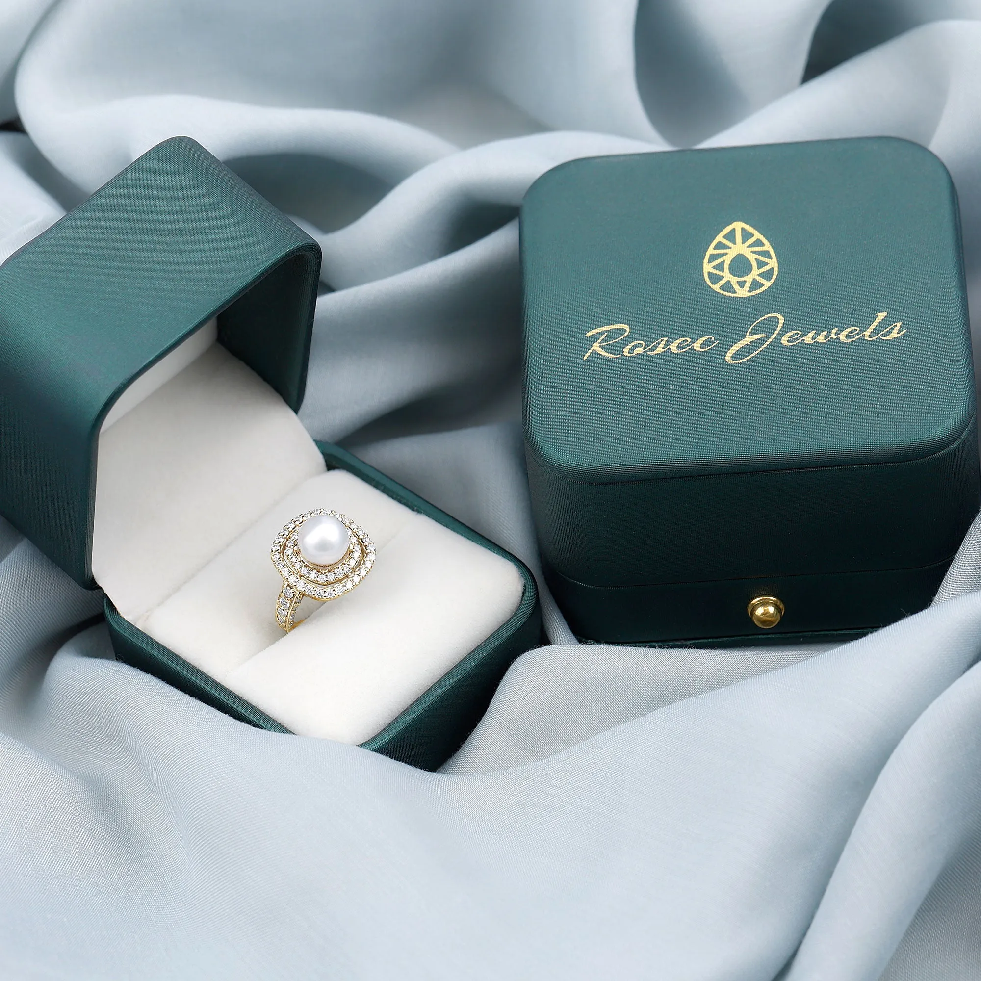 Round Freshwater Pearl and Moissanite Double Halo Engagement Ring