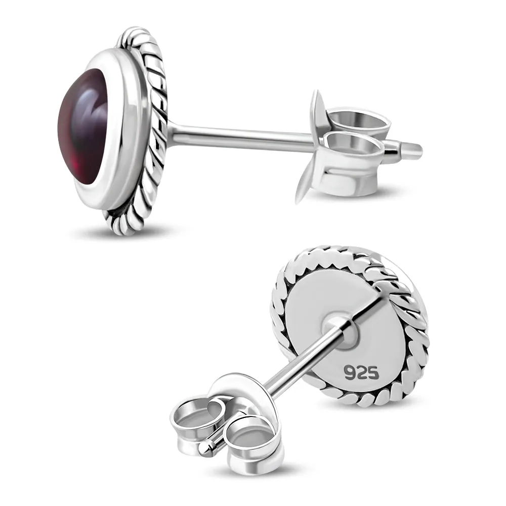 Round Garnet Stone Stud Silver Earrings