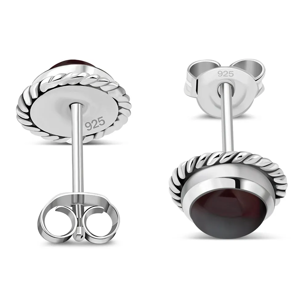 Round Garnet Stone Stud Silver Earrings