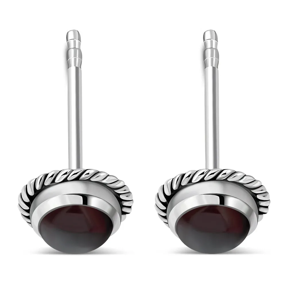 Round Garnet Stone Stud Silver Earrings