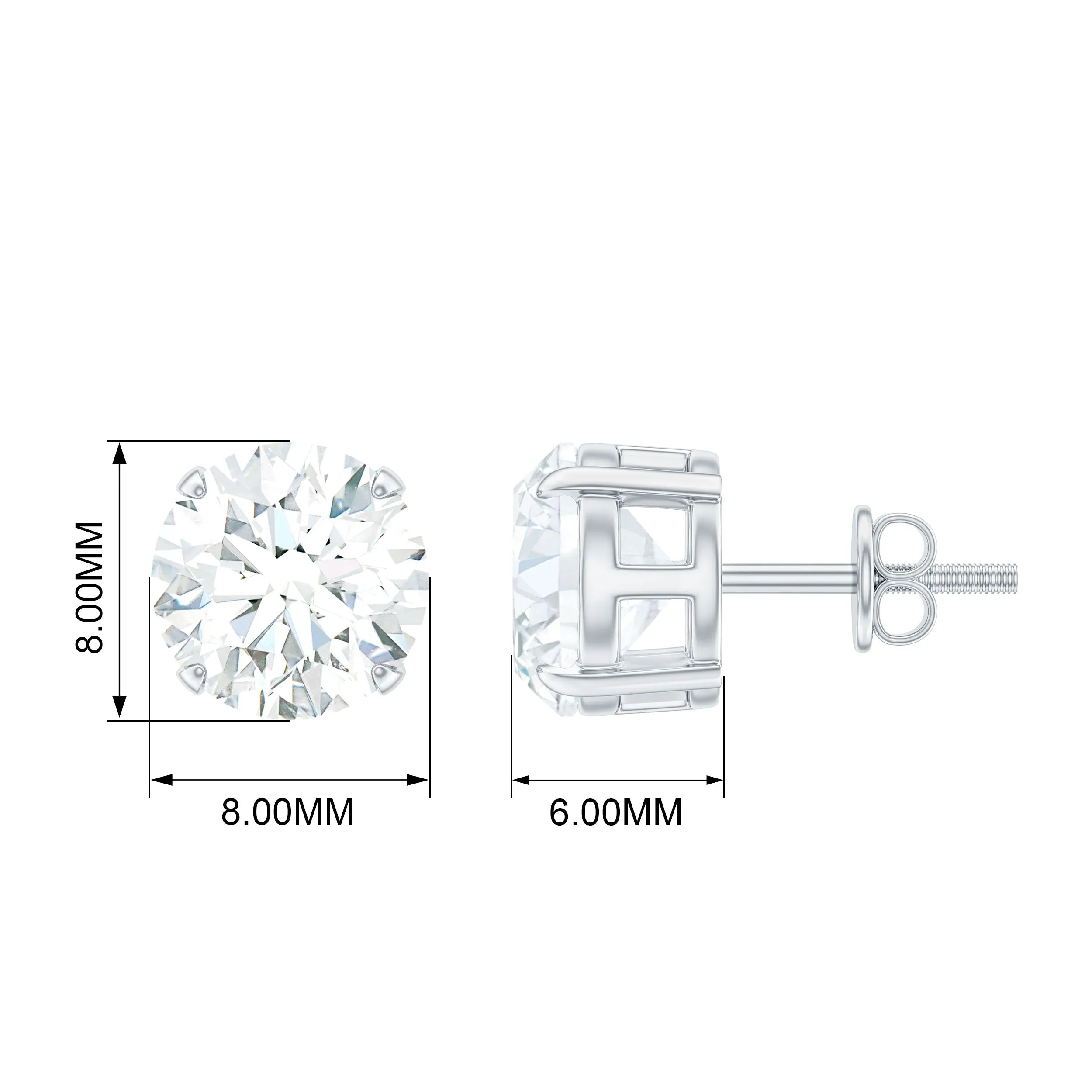 Round Moissanite Solitaire Stud earrings in 4 Prong Setting