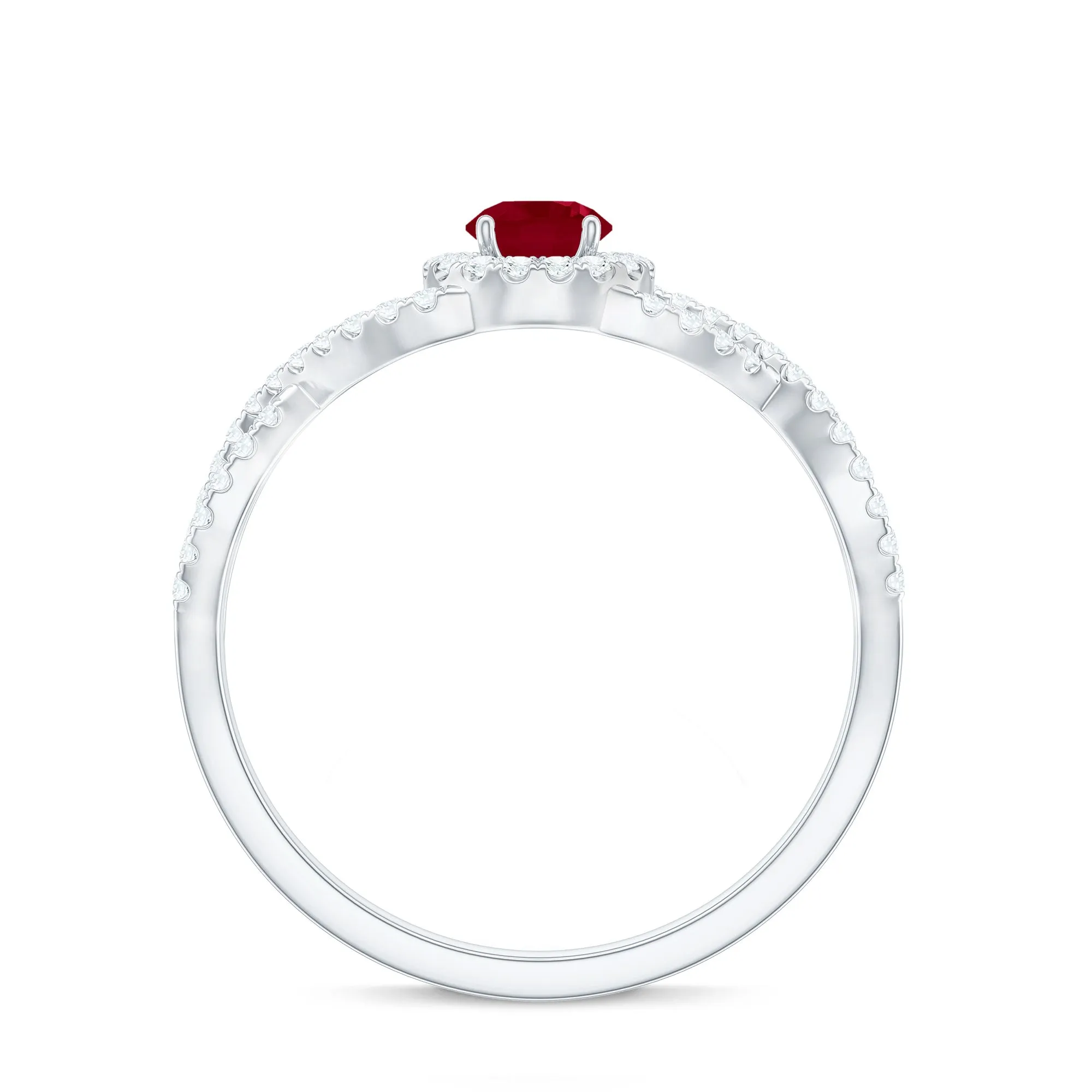 Round Ruby and Diamond Criss Cross Engagement Ring