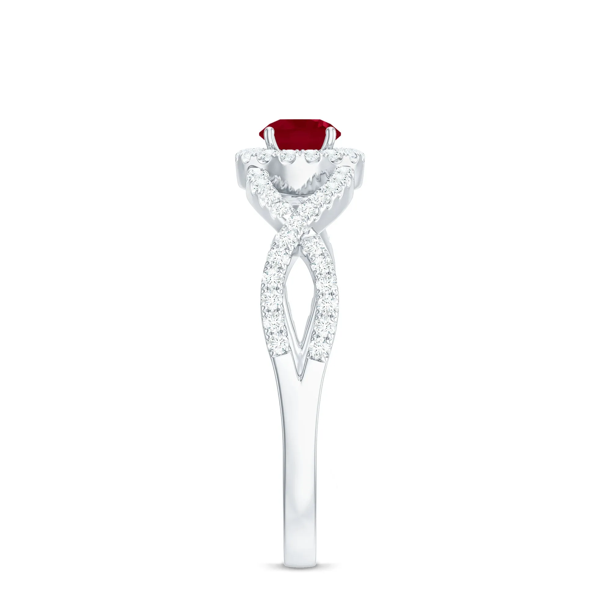 Round Ruby and Diamond Criss Cross Engagement Ring