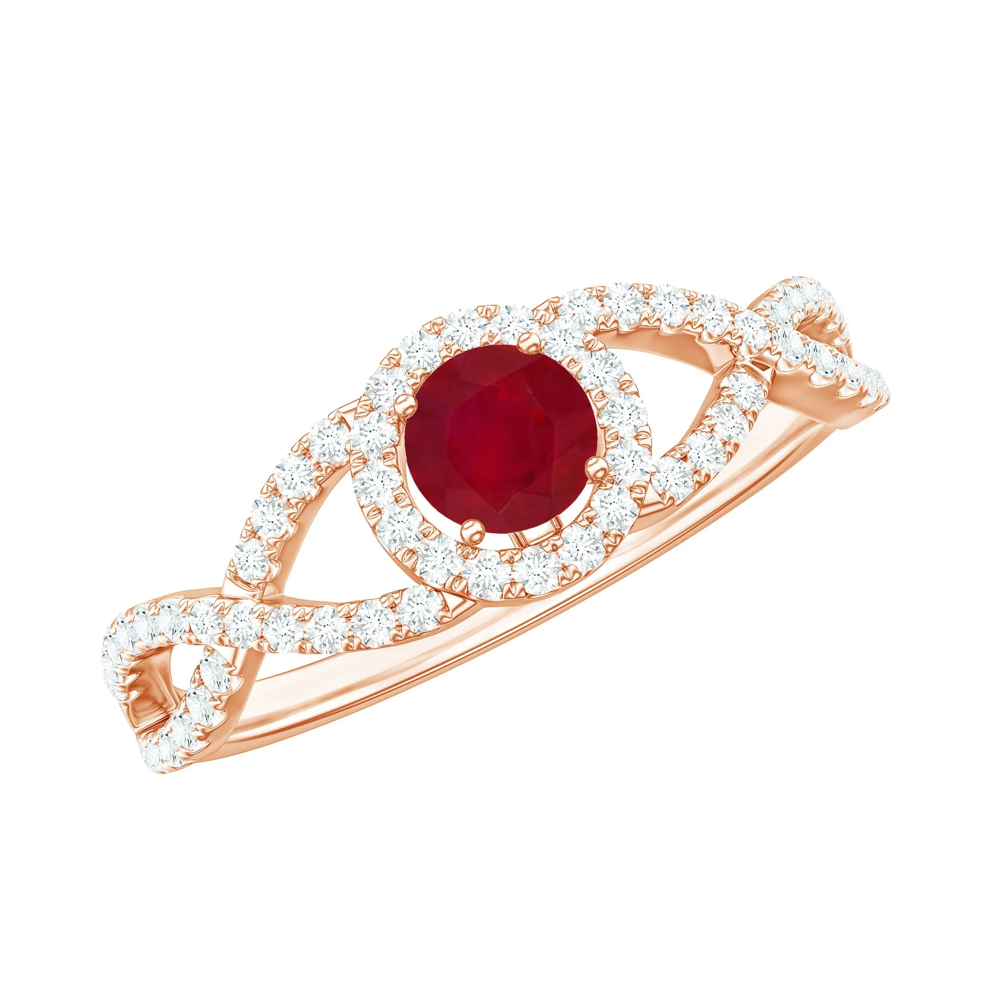 Round Ruby and Diamond Criss Cross Engagement Ring