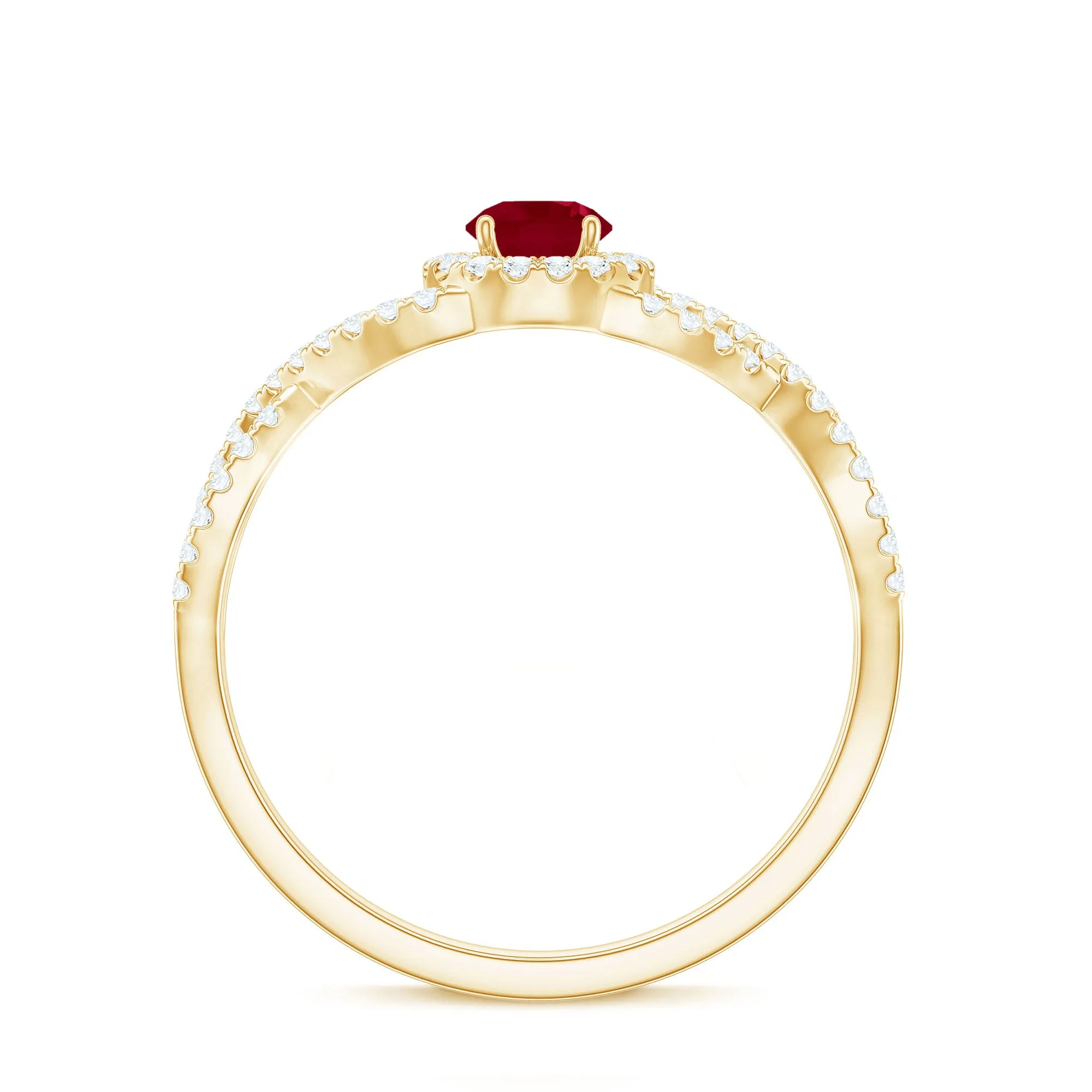 Round Ruby and Diamond Criss Cross Engagement Ring