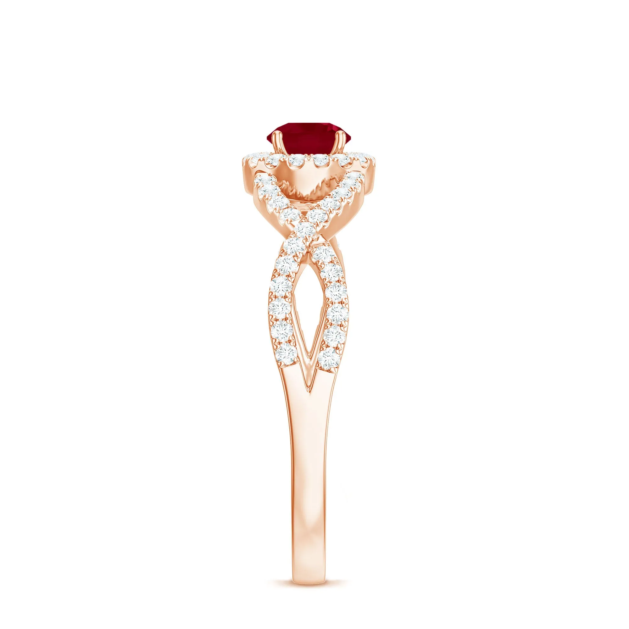 Round Ruby and Diamond Criss Cross Engagement Ring
