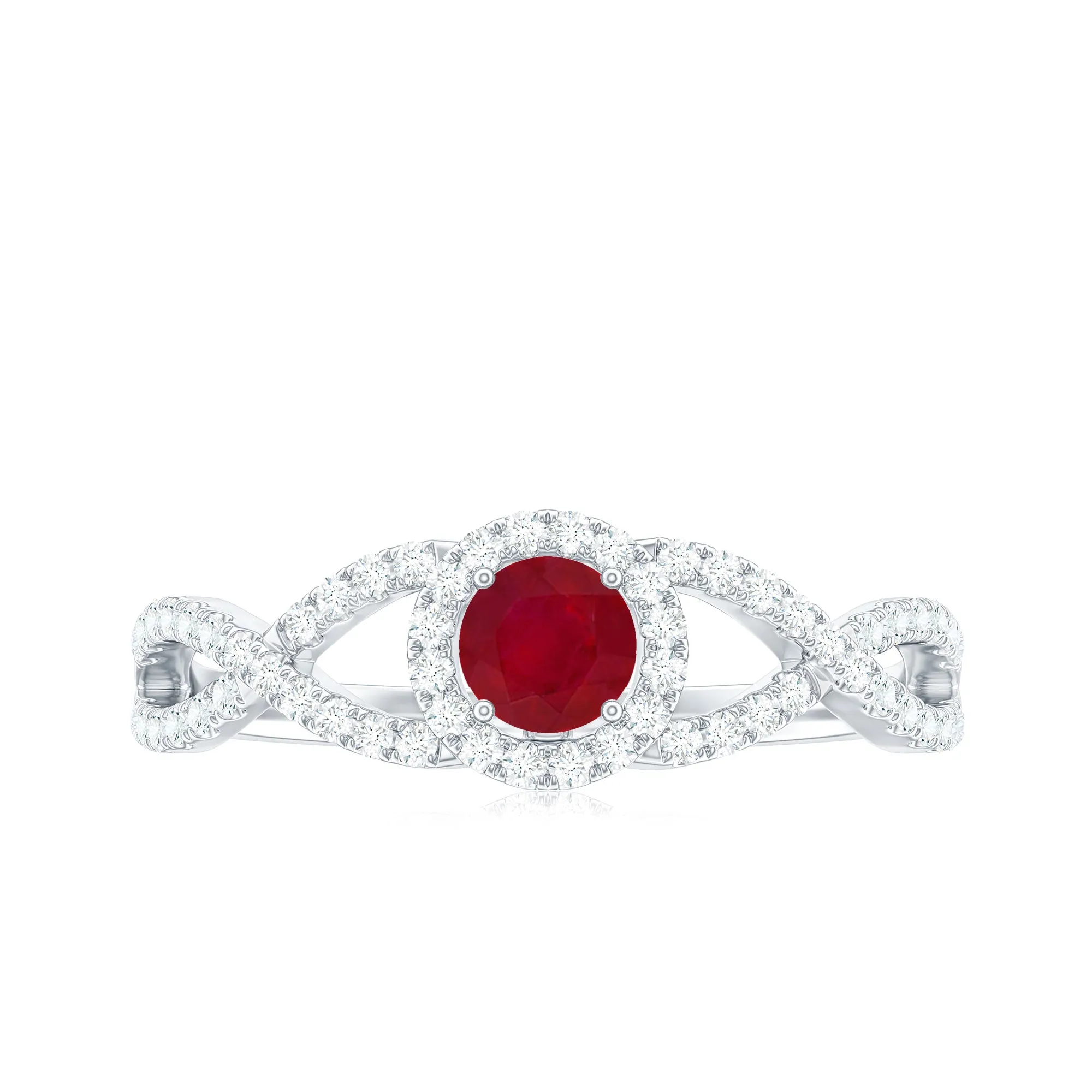 Round Ruby and Diamond Criss Cross Engagement Ring