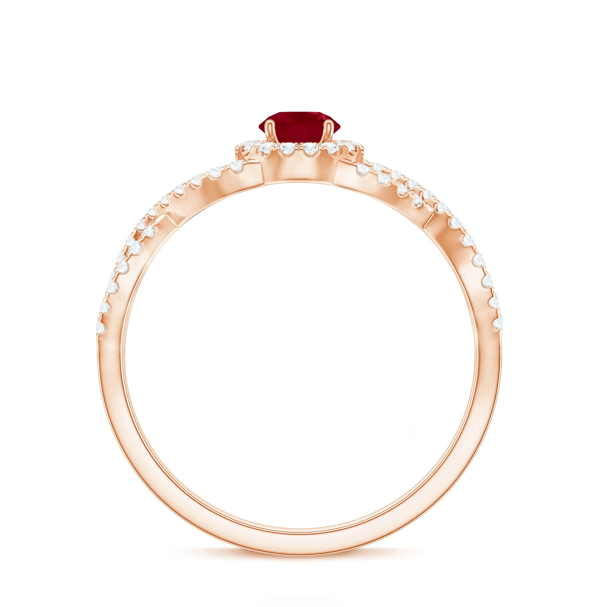 Round Ruby and Diamond Criss Cross Engagement Ring