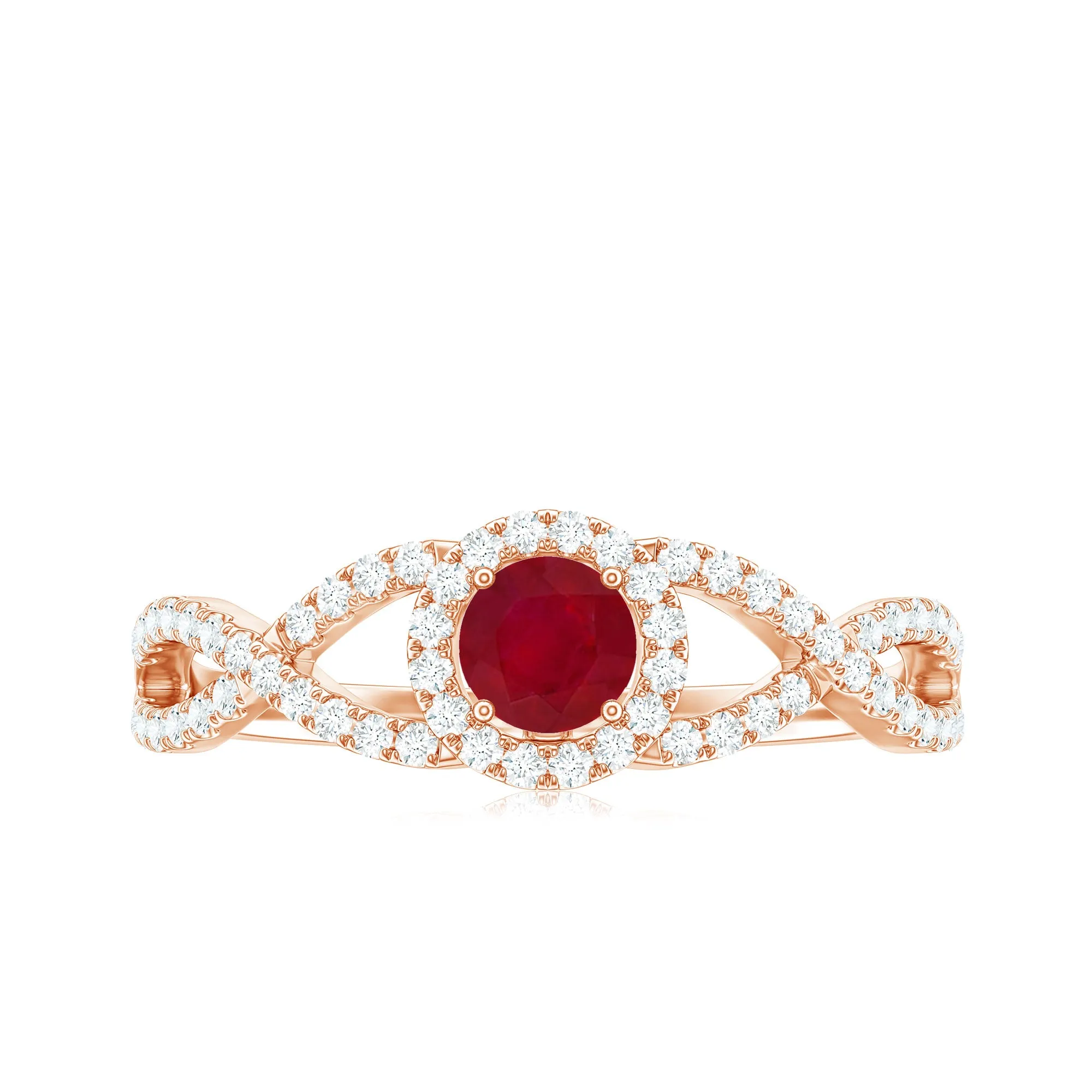 Round Ruby and Diamond Criss Cross Engagement Ring