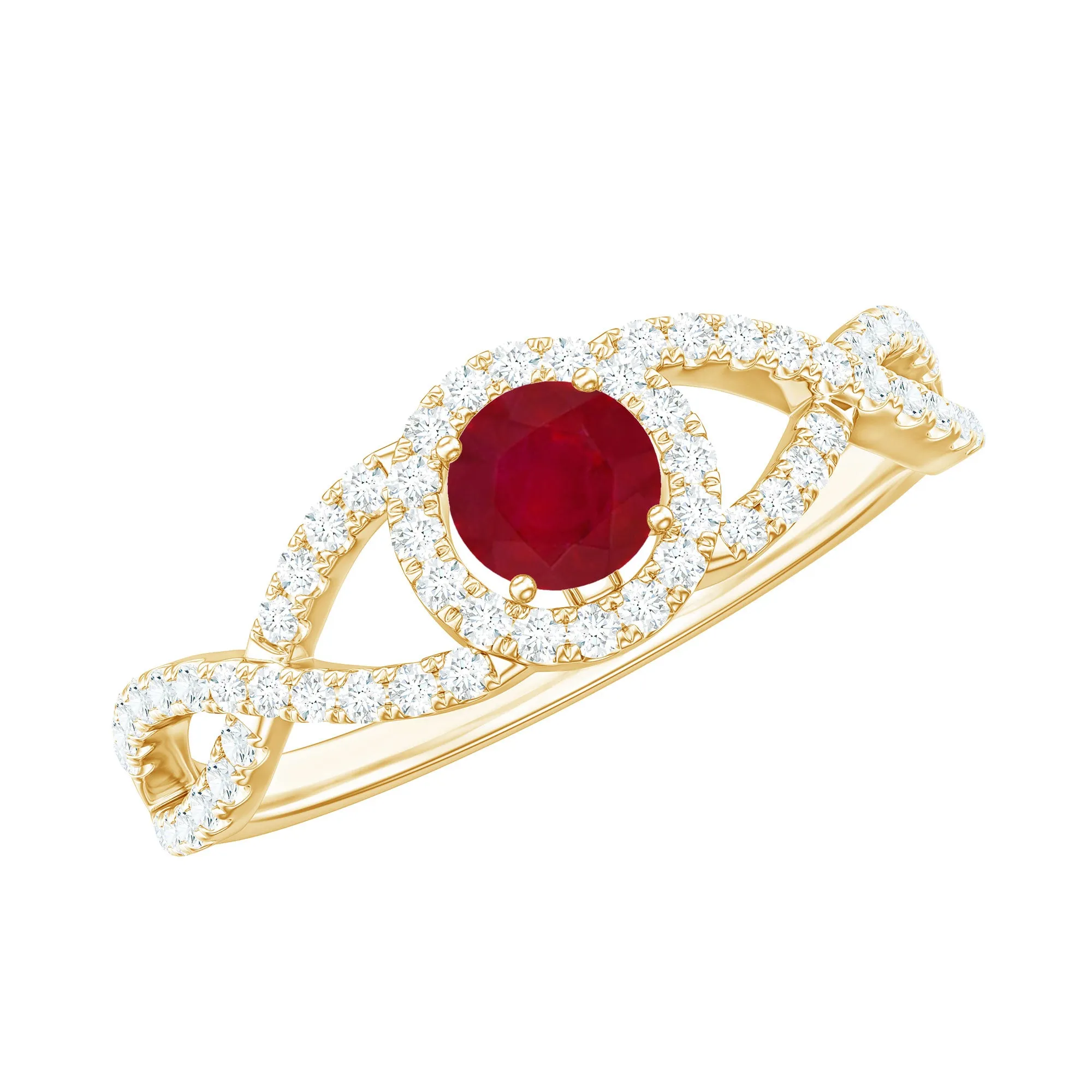 Round Ruby and Diamond Criss Cross Engagement Ring