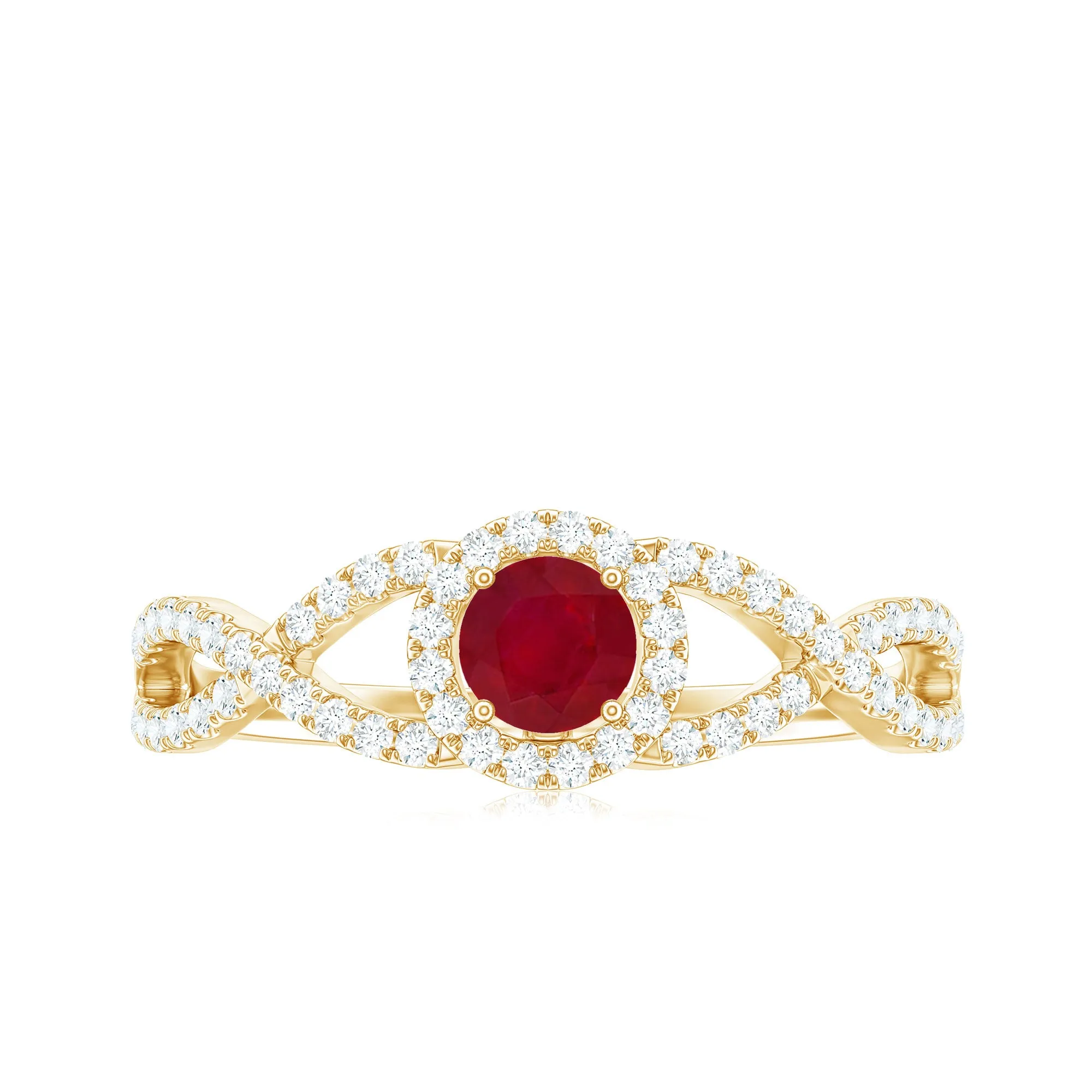 Round Ruby and Diamond Criss Cross Engagement Ring