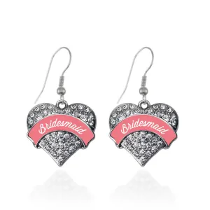 Silver Coral Bridesmaid Pave Heart Charm Dangle Earrings