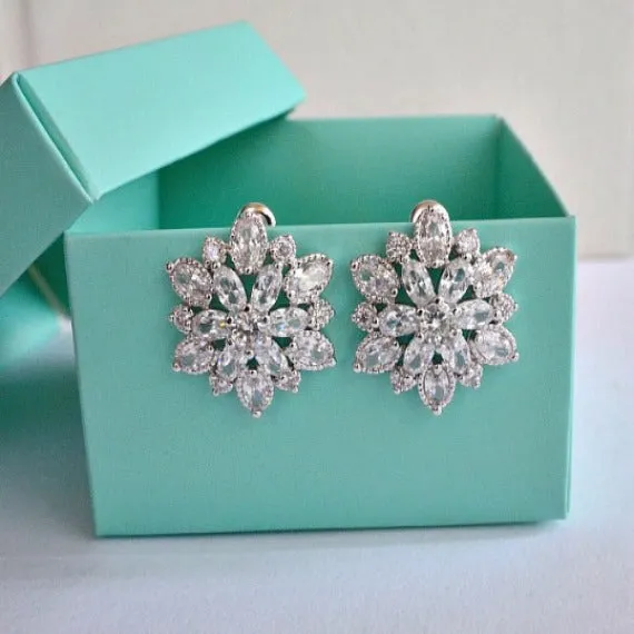 Silver Cubic Zirconia Flower Cluster Stud Earrings, Sunburst Crystal Stud Wedding Earrings, Art Deco CZ Bridal Stud Earrings