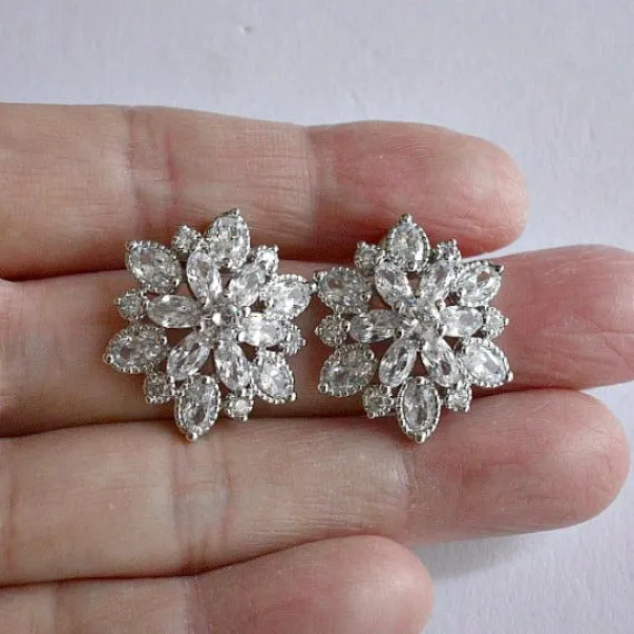 Silver Cubic Zirconia Flower Cluster Stud Earrings, Sunburst Crystal Stud Wedding Earrings, Art Deco CZ Bridal Stud Earrings