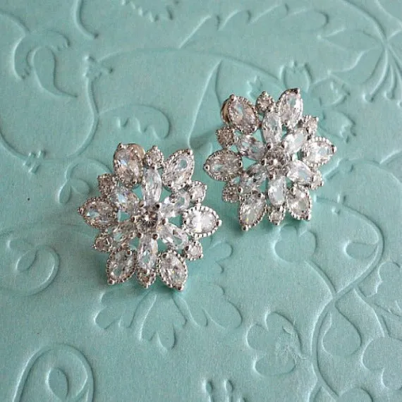 Silver Cubic Zirconia Flower Cluster Stud Earrings, Sunburst Crystal Stud Wedding Earrings, Art Deco CZ Bridal Stud Earrings