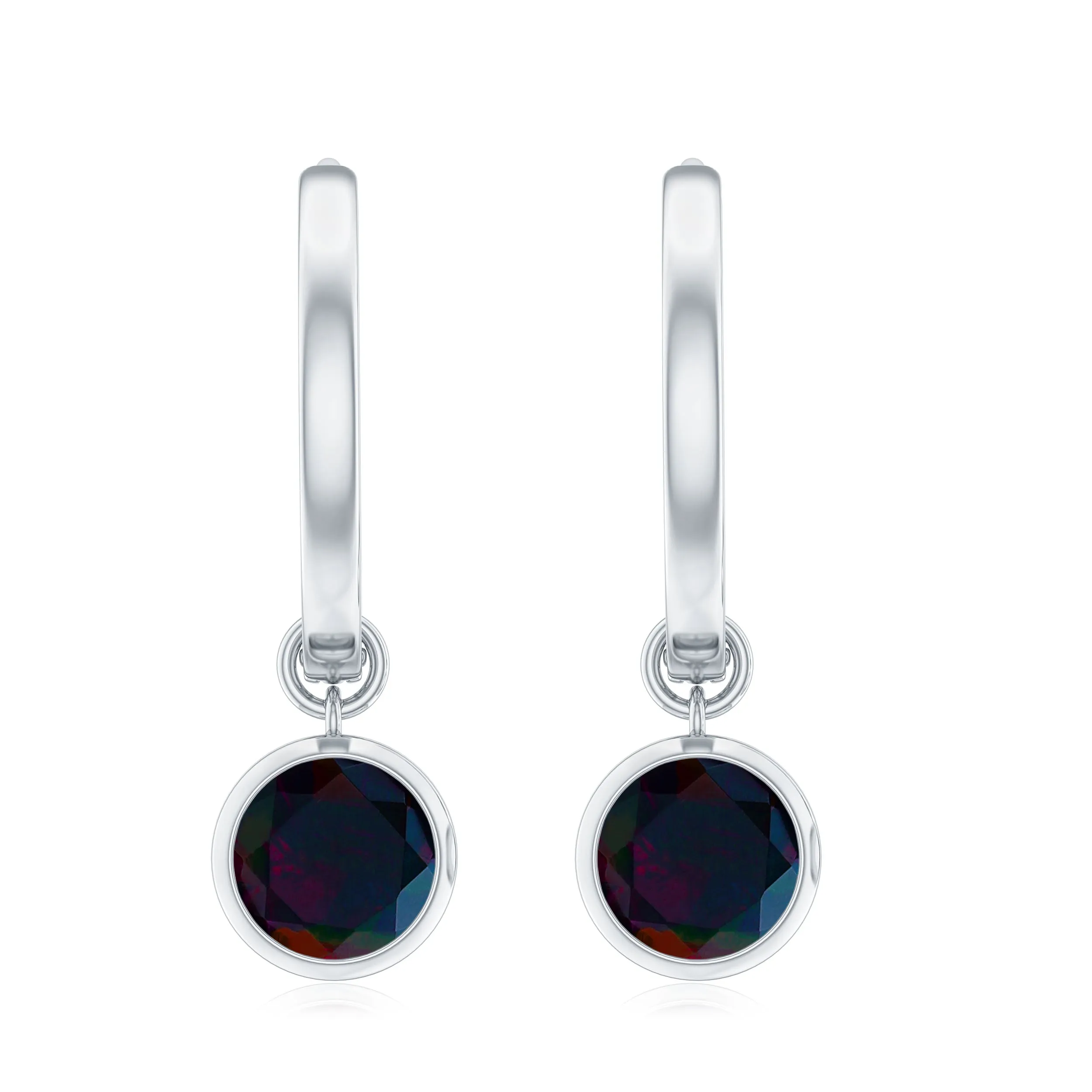 Simple Gold Hoop Drop Earrings with Bezel Set Round Black Opal
