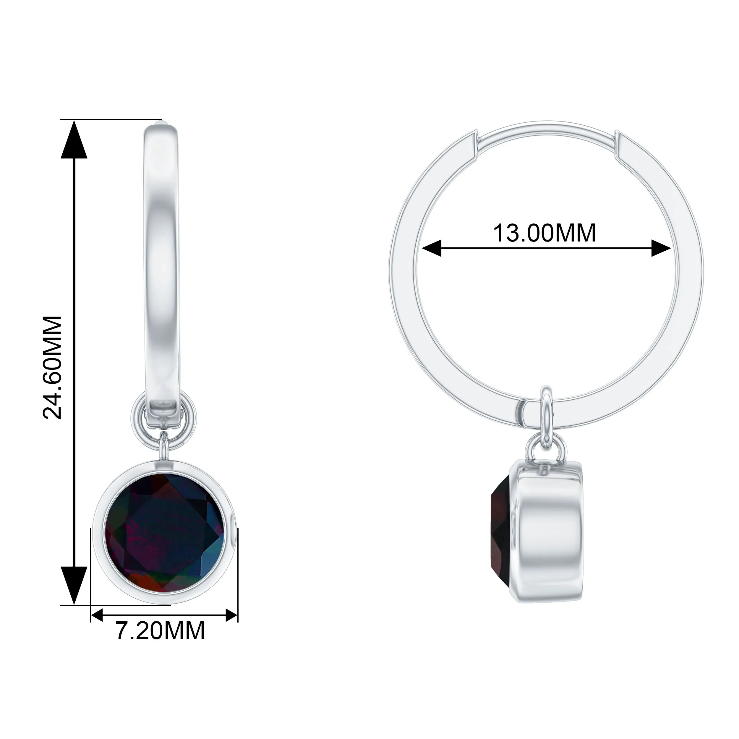 Simple Gold Hoop Drop Earrings with Bezel Set Round Black Opal