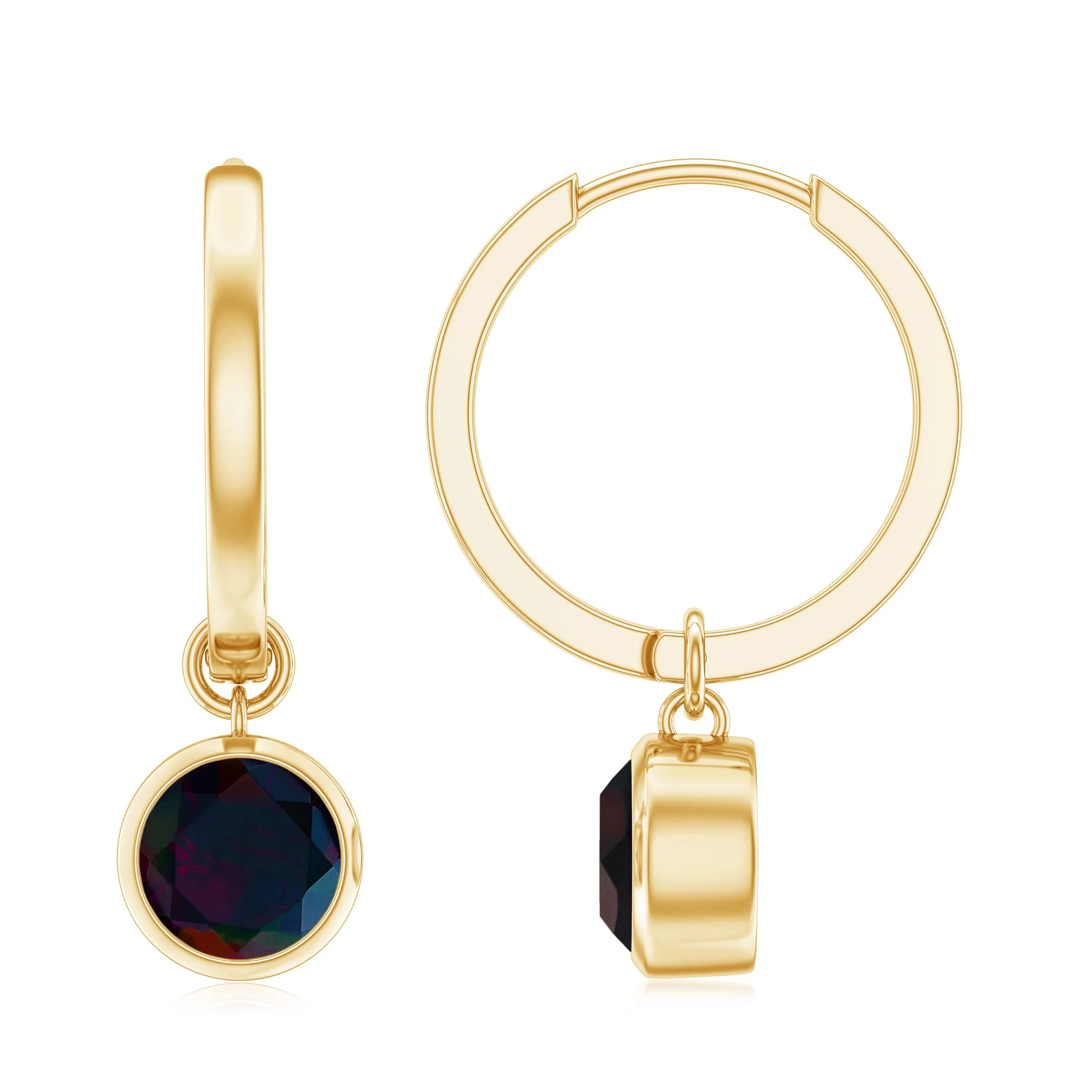 Simple Gold Hoop Drop Earrings with Bezel Set Round Black Opal