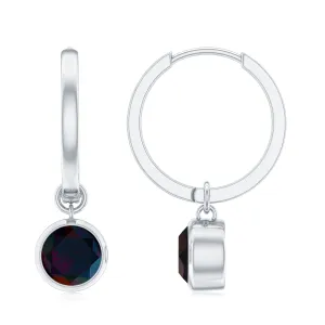 Simple Gold Hoop Drop Earrings with Bezel Set Round Black Opal