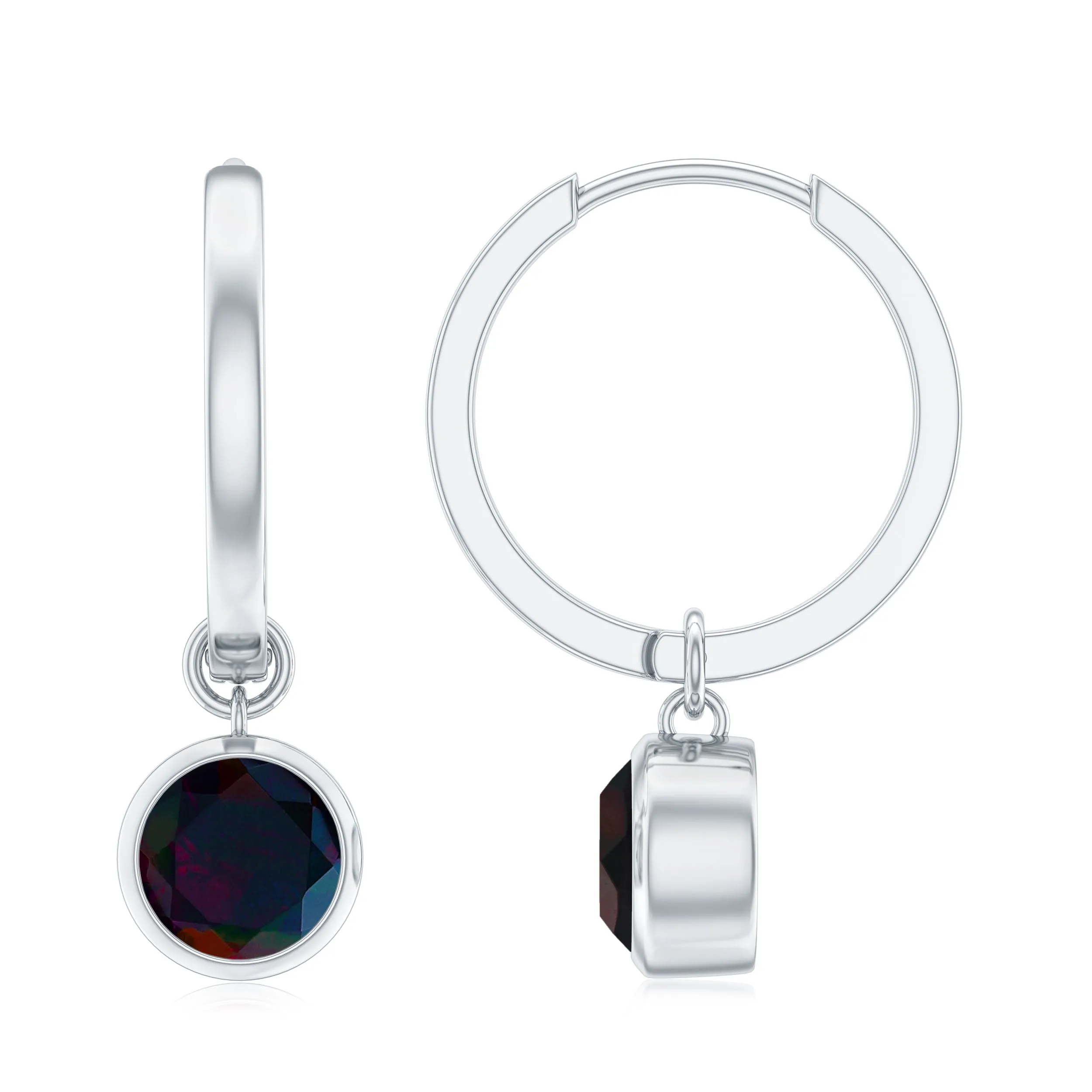 Simple Gold Hoop Drop Earrings with Bezel Set Round Black Opal