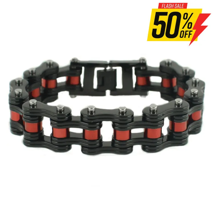 SK1815 3/4" Wide Black With Candy Red Rollers Double Link Design Unisex Stainless Steel Motorcycle Chain Bracelet