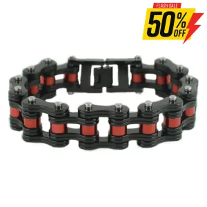 SK1815 3/4" Wide Black With Candy Red Rollers Double Link Design Unisex Stainless Steel Motorcycle Chain Bracelet