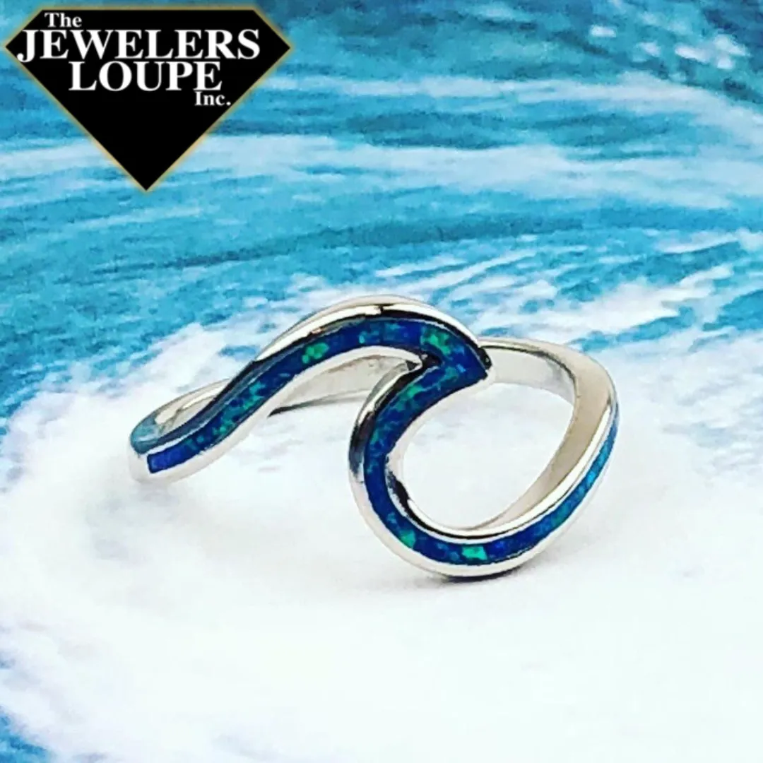 Sterling Silver Blue Inlay Created Opal Wave Design Ring, Size 8 (91973)