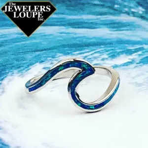 Sterling Silver Blue Inlay Created Opal Wave Design Ring, Size 8 (91973)
