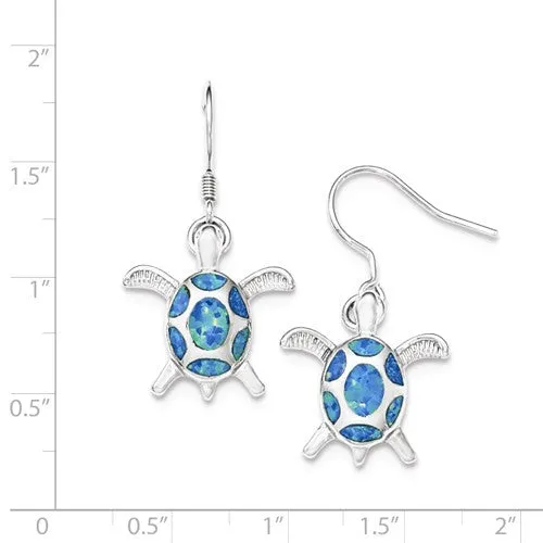 Sterling Silver Created Blue Opal Turtle Dangle Earrings