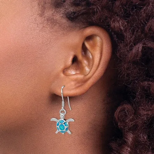Sterling Silver Created Blue Opal Turtle Dangle Earrings