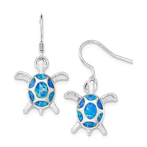 Sterling Silver Created Blue Opal Turtle Dangle Earrings
