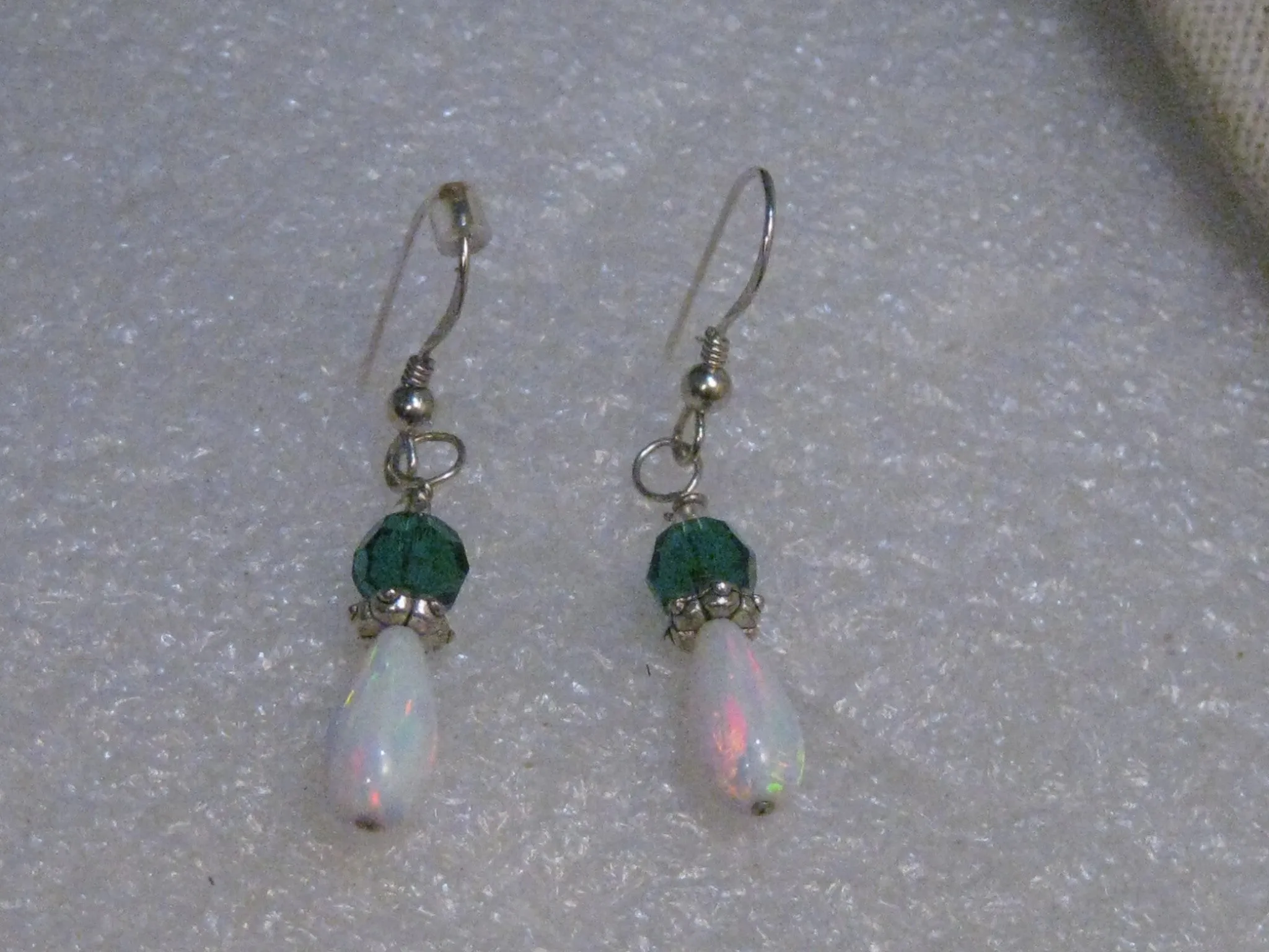 Sterling Silver  Created Opal Dangle Earrings, Pierced, 1.5", Green Accents, Proms/Weddings