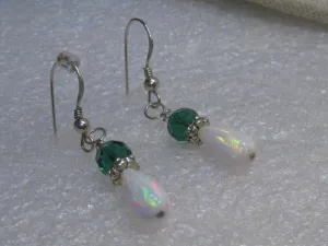 Sterling Silver  Created Opal Dangle Earrings, Pierced, 1.5", Green Accents, Proms/Weddings